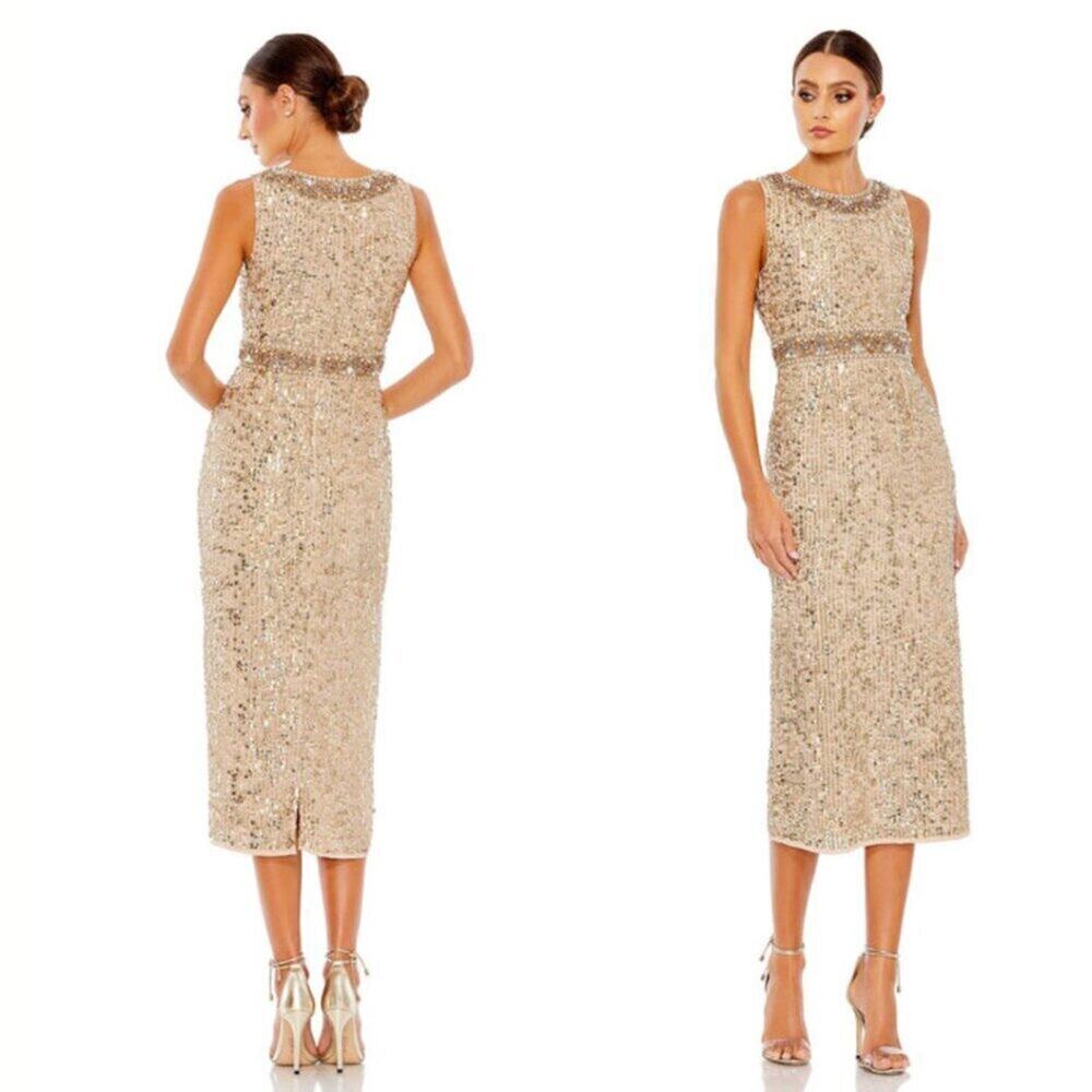 Mac Duggal Gold Embellished Sleeveless High Neck Midi Dress 2